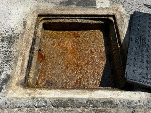 A blocked manhole in Ruislip.